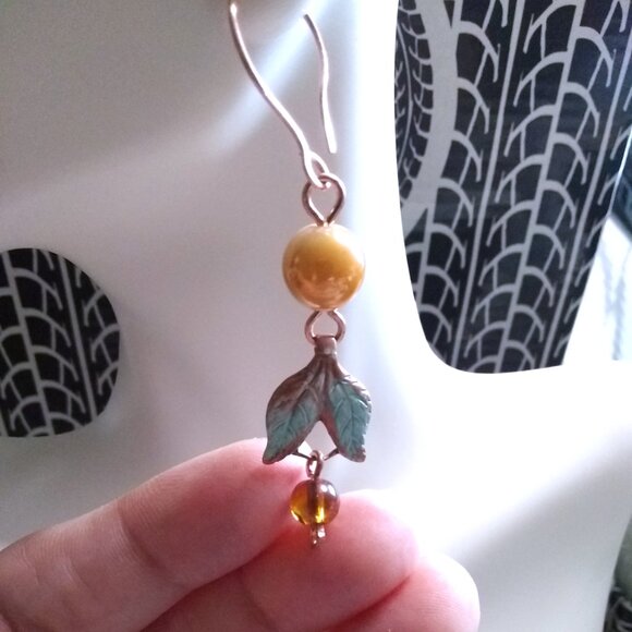 Handmade Copper Leaf Earrings ~ Patina Painted Fall Jewelry with Beaded Accents - Picture 9 of 10